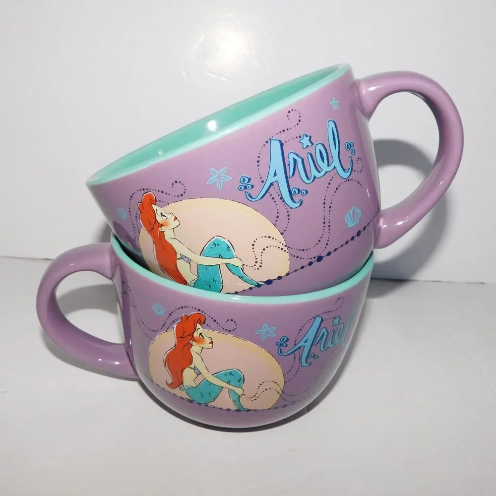 2 Disney Ariel Little Mermaid Purple Teal 24 oz Soup Coffee Cereal Mugs UNUSED - Picture 7 of 7